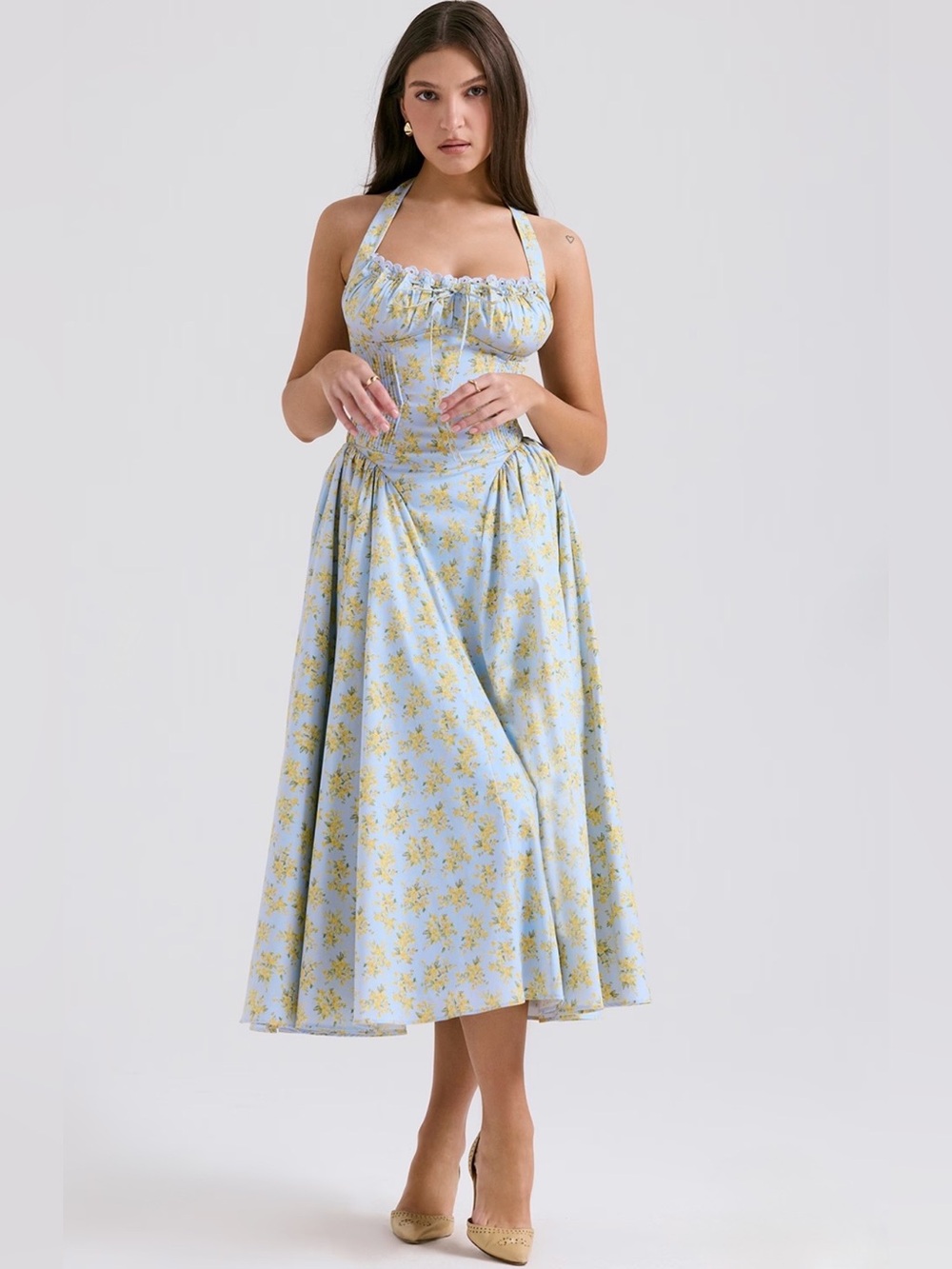 š©·Firm Priceš©·Adabella soft blue vintage floral print cotton halter sundress - Picture 9 of 16